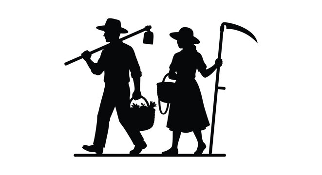 Farmer and farmhand carrying tools and harvest black silhouette