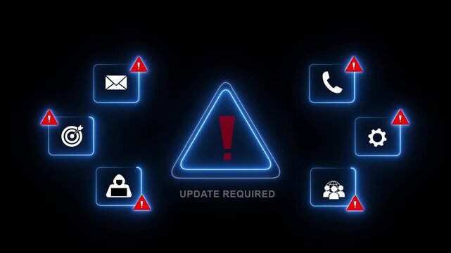 Cybersecurity alert system displaying update required notification with glowing neon warning for digital network protection, software patching, data privacy, and critical system maintenance procedures