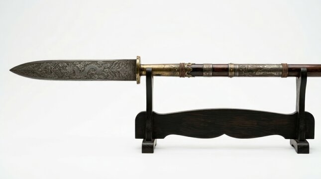Ornate spear head displayed on a stand