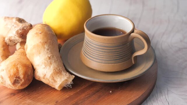 Steaming cup of ginger tea with lemon and fresh ginger roots on wooden board