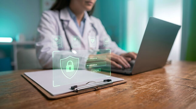 Female doctor logging into secure electronic health record system on laptop