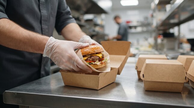 Professional chef packing fresh cheeseburger in cardboard takeout box, fast food restaurant kitchen worker preparing burger delivery order