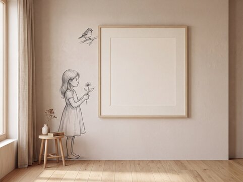 Minimalist room interior with wall art frame and girl wall decal
