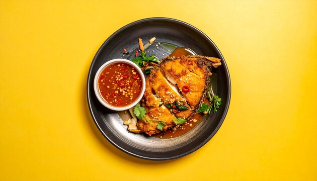 Fried fish with chili and spices, delicious food Thailand style isolated on solid yellow background1
