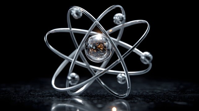 Metallic silver atom model with glowing orbital rings and a central nucleus on a dark reflective surface.
