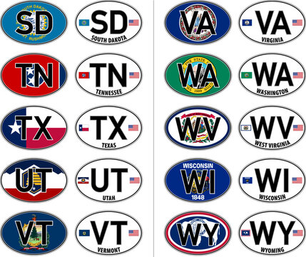 USA, oval international vehicle registration code license plate car sticker, South Dakota to Wyoming, vector illustration