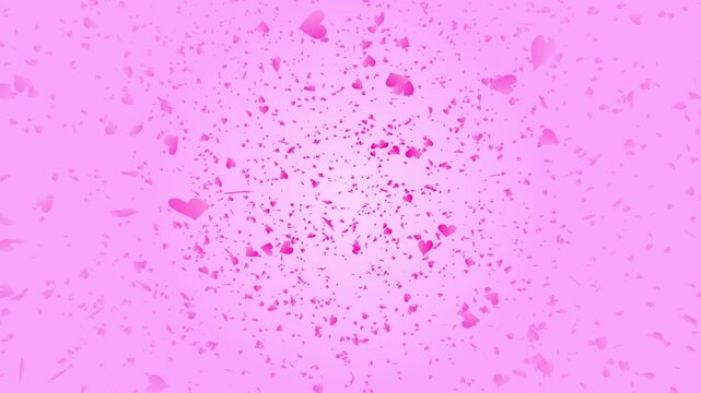 Pink heart shapes falling down or flying away on pale pink gradient background. Abstract background for Happy Valentine's day and wedding ceremony.