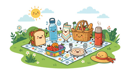 Fototapeta premium Cute picnic characters having fun outdoors on blanket during sunny day in summer park