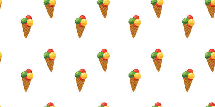 Seamless pattern with colorful fruit ice cream scoops in waffle cups
