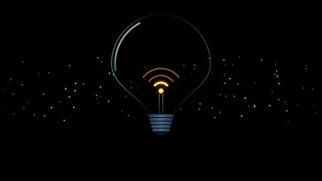 A futuristic motion graphic of an illuminated glass lightbulb with a quantum Wi-Fi filament emitting glowing neon pink energy pulses and data waves on a black background. Perfect for tech promos and c