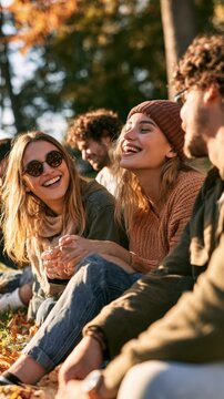 Sunlit autumn day, friends laugh together on fallen leaves