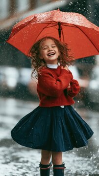 Child laughs under red umbrella, rain falls gently