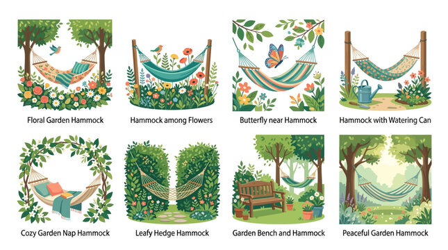Hammocks displayed in a set of eight artistic illustrations showcasing various garden settings with lush greenery, colorful floral arrangements, and peaceful outdoor relaxation spots for summer.