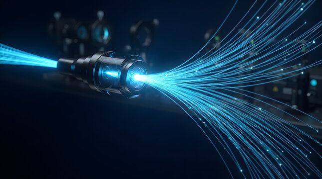 Abstract futuristic fiber optic cable emitting bright glowing light beams with data transmission high speed digital network communication technology information flow cyber security broadband int