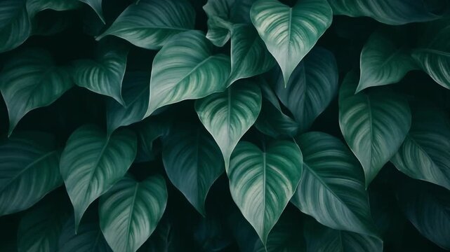 Dark green leaves pattern with copy space during soft natural light cinematic motion