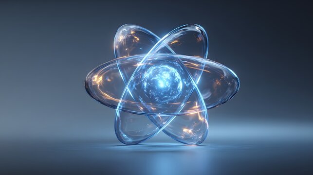 Abstract transparent glass atom model with glowing central core on blue studio background.