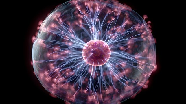 Glowing plasma globe showing purple electrical discharges and energy beams on black background.