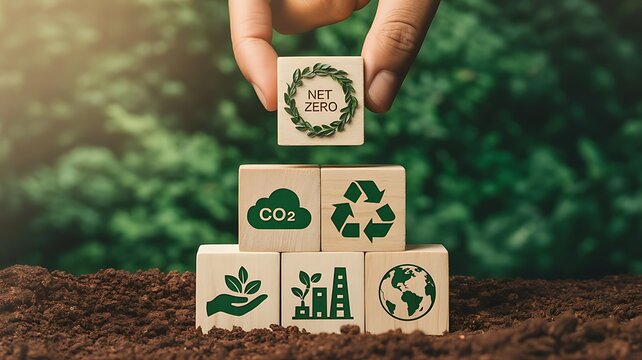 A human hand placing a wooden cube with a net zero leaf wreath on of a stack of blocks featuring environmental and sustainability symbols