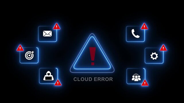 Digital cloud error warning system featuring glowing neon alert and network failure notification symbols for cybersecurity, data breach, server downtime, and information technology security concepts