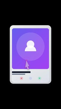 3D animation of hand cursor swiping right and left on dating app profile cards on transparent background. Interactive UI featuring like and nope badges.
