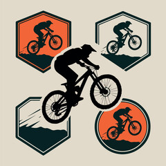 Fototapeta premium Create on Mountain bike rider emblem set vector illustration. Cyclist jumping on MTB bicycle. Extreme sport silhouette logo