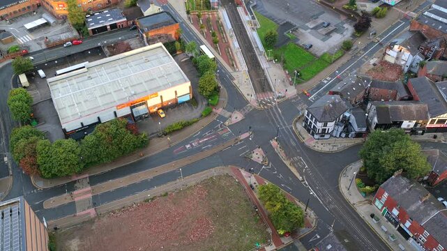 Aerial Video of King Street Tram Stop and Road Junction in Oldham, Greater Manchester at Morning