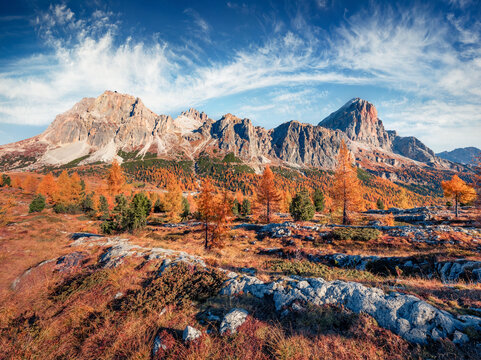 Captivating autumn view from top of Falzarego pass with Tofana peak on background. Stunning morning scene Dolomite Alps, Cortina d'Ampezzo lacattion, Italy, Europe. 