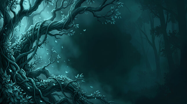 Dark magical forest with twisted trees and glowing lights