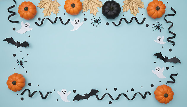 Halloween flat lay frame with pumpkins and ghosts