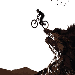 Fototapeta premium Create on Silhouette of Adventure A daring silhouette fearlessly rides a mountain bike off a cliff edge embodying the spirit of adrenaline and the thrill of the ride.