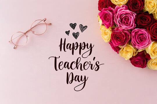 Happy Teacher's Day Greeting with Rose Gold Glasses and Colorful Rose Bouquet