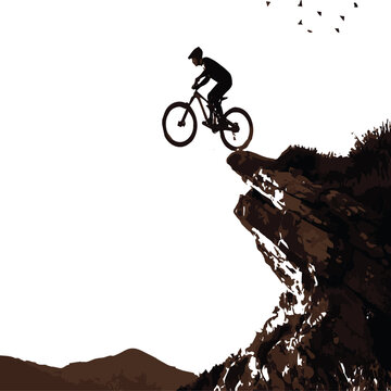 Create on Silhouette of Adventure A daring silhouette fearlessly rides a mountain bike off a cliff edge embodying the spirit of adrenaline and the thrill of the ride.