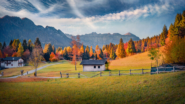 Impressive autumn view of pasture in Canali valley, Piereni location, Province of Trento, Italy, Europe. Splendid morning scene of Dolomite Alps. Beauty of countryside concept background.