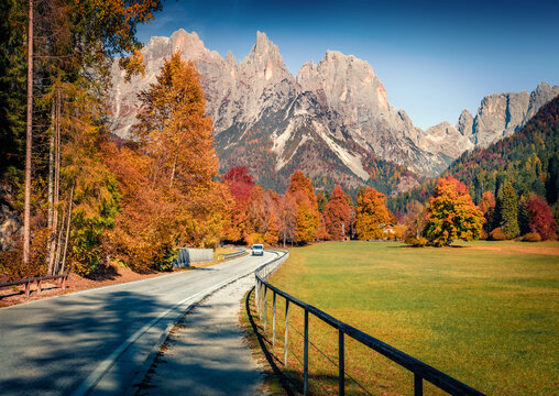 Colorful autumn view of Pradidali valley, Province of Trento, Italy, Europe. Majestic morning scene of Dolomite Alps. Traveling concept background.