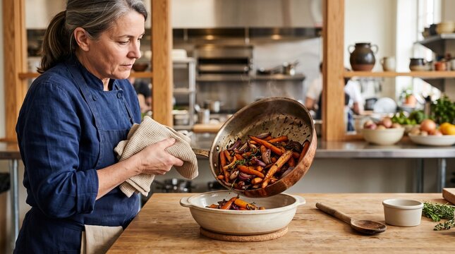 Chef transfers roasted vegetables to serving dish