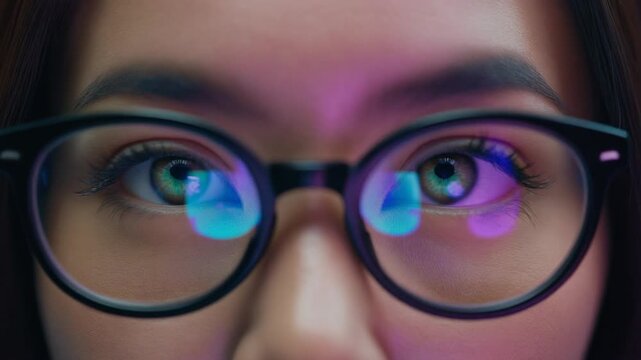 黒縁眼鏡をかけた女性の青緑色の瞳にデジタル光が反射する