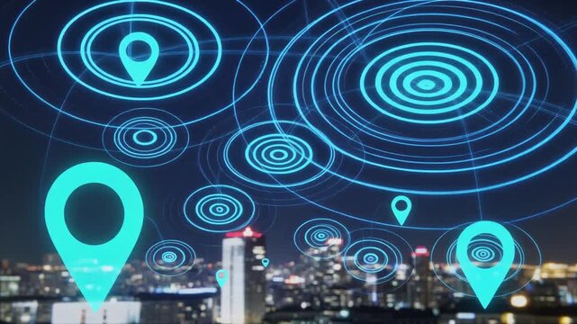 大都市の上空に複数の青い位置情報ピンと発光リングが浮かぶ