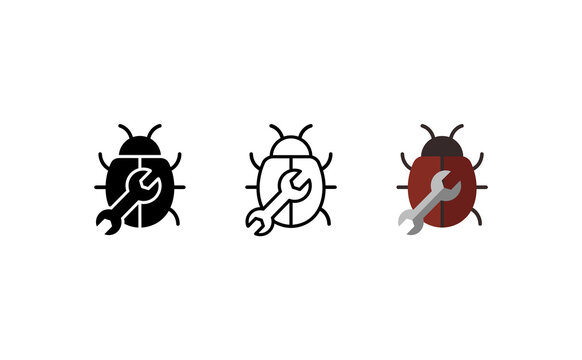 Software bug fixing icons set, computer debugging and system repair symbols, technical support and IT troubleshooting concept