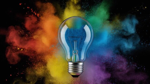 透明電球の背後で虹色の顔料が放射状に炸裂し創造性を表す