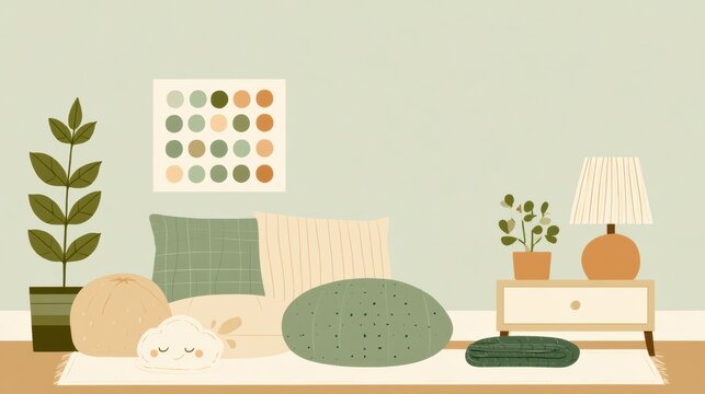A calm-down space designed for children features soft cushions, a feelings chart, and a cozy lamp, all in warm tones for support.