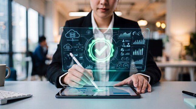 Business Professional Utilizing Advanced Digital Interface for Quality Assurance and Data Management Systems in Corporate Workplace