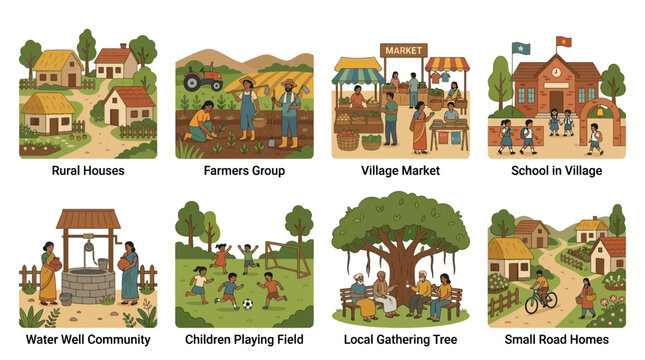 Villagers engage in daily routines and communal activities within a rural settlement to depict traditional lifestyle patterns and agricultural practices sustained by local community efforts in the.