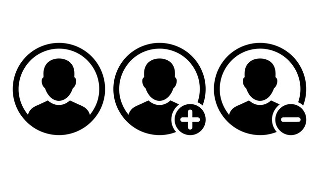 Minimalist vector graphic illustration featuring simple black user profile icons with addition and subtraction symbols for interface design software navigation