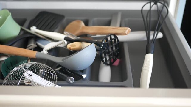 Close-up of messy kitchen utensil drawer filled with cooking tools and gadgets