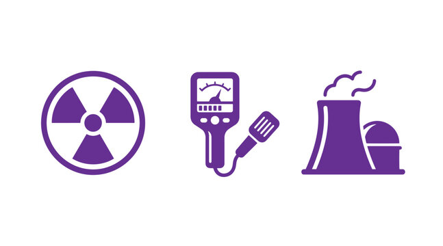 Industrial nuclear energy icons representing radiation symbol geiger counter and power plant with radiation industry radioactive electricity monitoring detection industrial