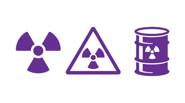 Nuclear hazard warning symbols and radioactive waste barrel icon graphic with radiation radioactive environment industrial contamination material container protection
