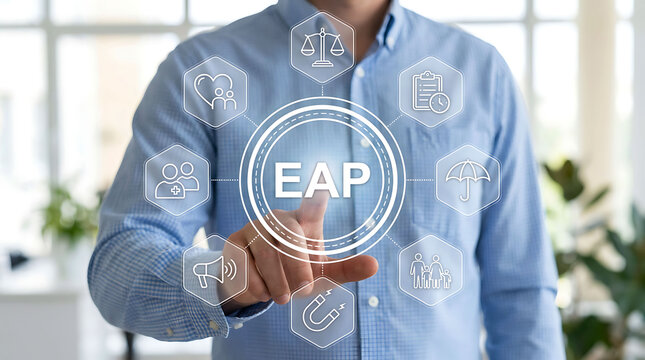 Businessman interacting with digital interface showing EAP employee assistance
