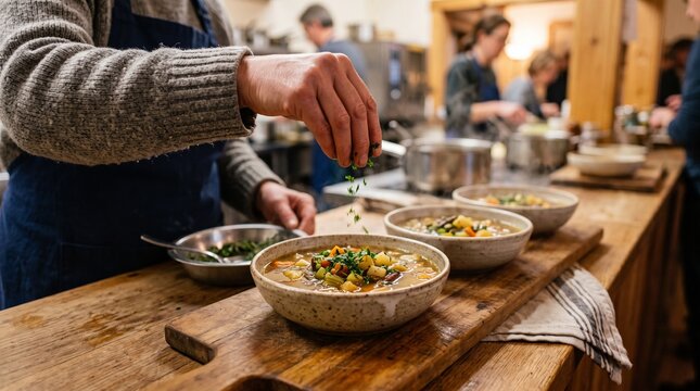 Fresh herb finishing touch on vegetable soup bowls