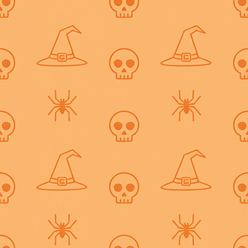 Seamless halloween pattern with skulls, witch hats, and spiders