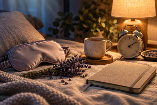 Cozy bedtime setup with sleep mask, lavender flowers, tea cup, and alarm clock on a comfortable bed